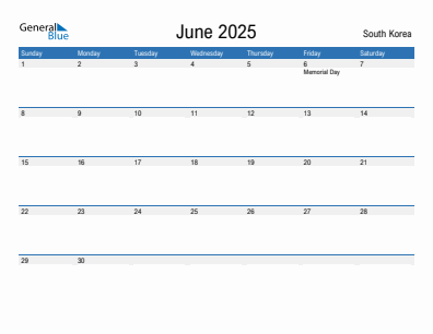 Current month calendar with South Korea holidays for June 2025
