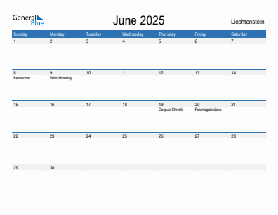 Current month calendar with Liechtenstein holidays for June 2025