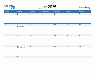Current month calendar with Luxembourg holidays for June 2025