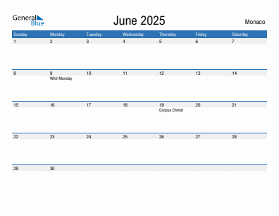 Current month calendar with Monaco holidays for June 2025