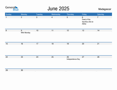 Current month calendar with Madagascar holidays for June 2025