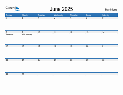 Current month calendar with Martinique holidays for June 2025