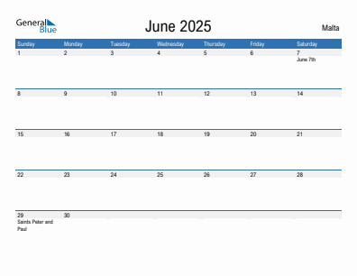 Current month calendar with Malta holidays for June 2025