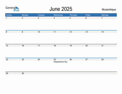 Current month calendar with Mozambique holidays for June 2025