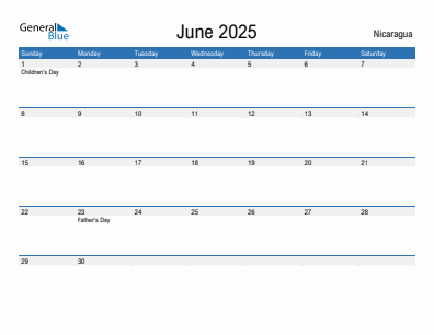 Current month calendar with Nicaragua holidays for June 2025