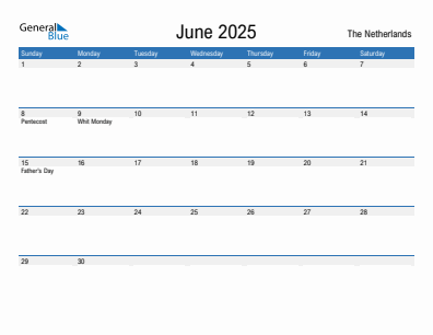 Current month calendar with The Netherlands holidays for June 2025
