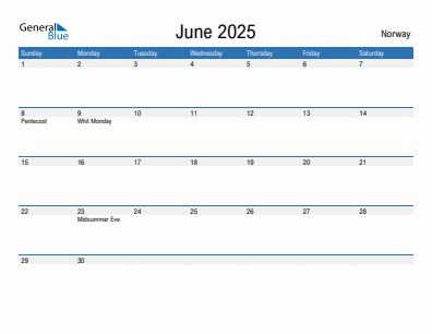 Current month calendar with Norway holidays for June 2025