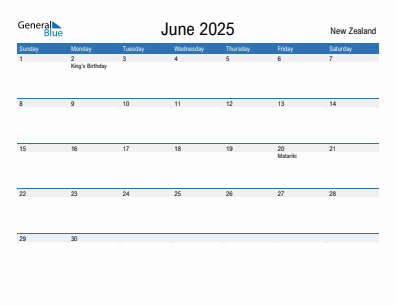 Current month calendar with New Zealand holidays for June 2025