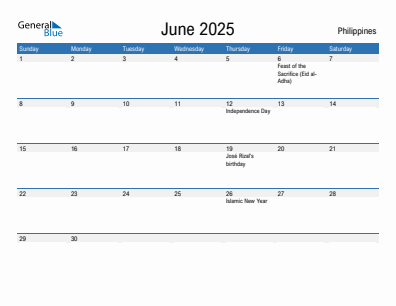 Current month calendar with Philippines holidays for June 2025
