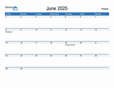 Current month calendar with Poland holidays for June 2025