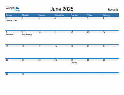 Current month calendar with Romania holidays for June 2025