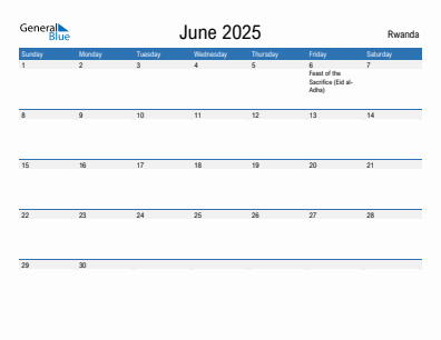Current month calendar with Rwanda holidays for June 2025