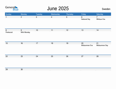Current month calendar with Sweden holidays for June 2025