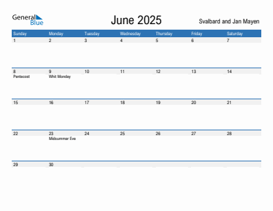 Current month calendar with Svalbard and Jan Mayen holidays for June 2025