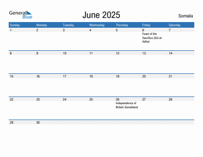 Current month calendar with Somalia holidays for June 2025