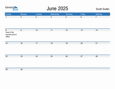 Current month calendar with South Sudan holidays for June 2025