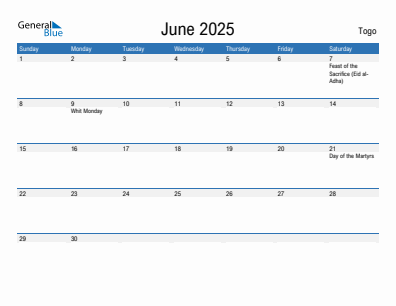 Current month calendar with Togo holidays for June 2025