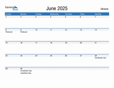 Current month calendar with Ukraine holidays for June 2025
