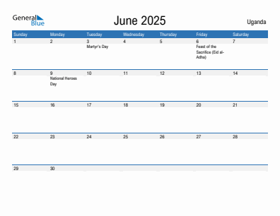 Current month calendar with Uganda holidays for June 2025