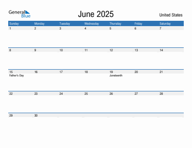 Current month calendar with United States holidays for June 2025