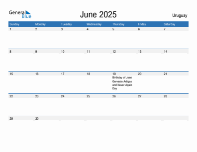 Current month calendar with Uruguay holidays for June 2025