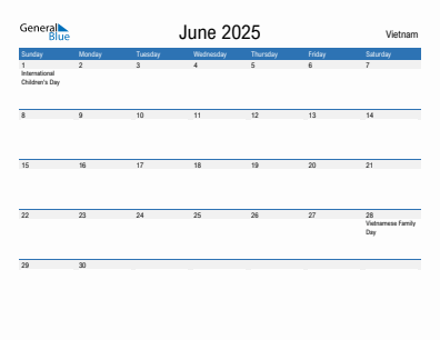 Current month calendar with Vietnam holidays for June 2025