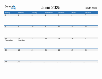 Current month calendar with South Africa holidays for June 2025