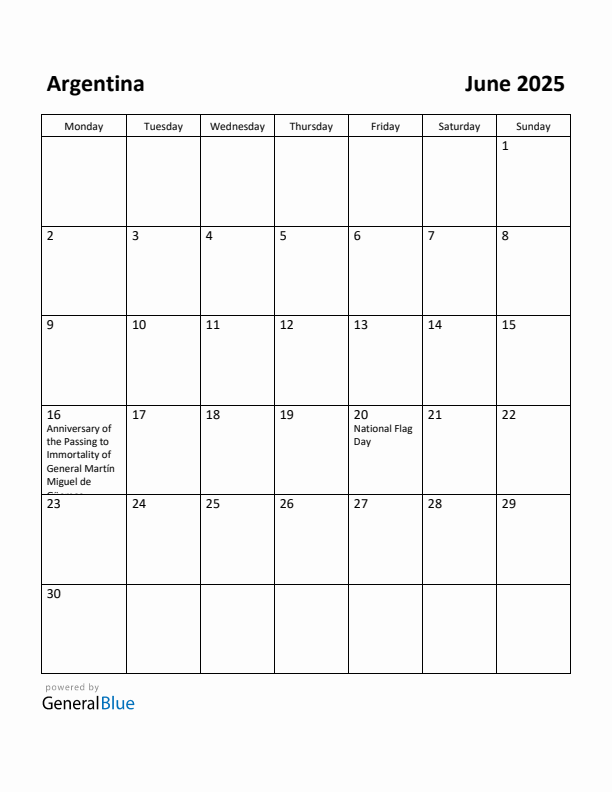 June 2025 Calendar with Argentina Holidays