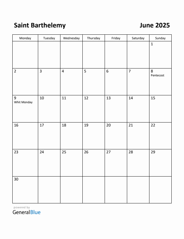June 2025 Calendar with Saint Barthelemy Holidays