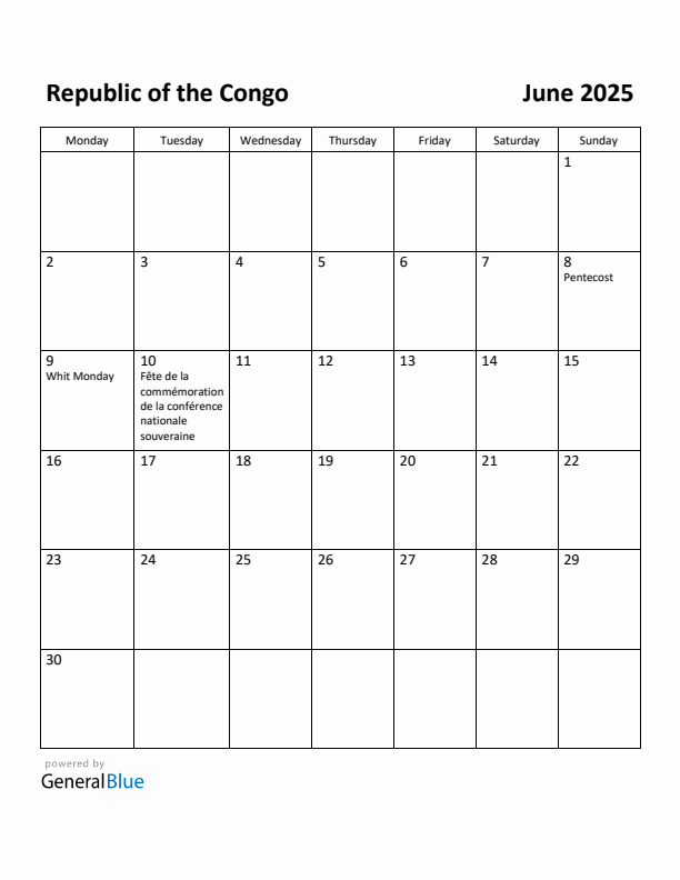 June 2025 Calendar with Republic of the Congo Holidays