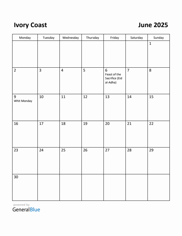 June 2025 Calendar with Ivory Coast Holidays