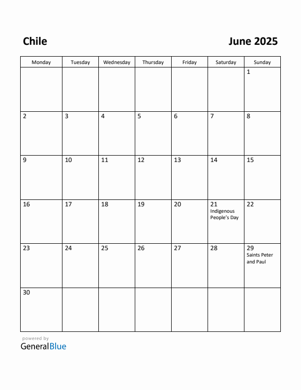 June 2025 Calendar with Chile Holidays