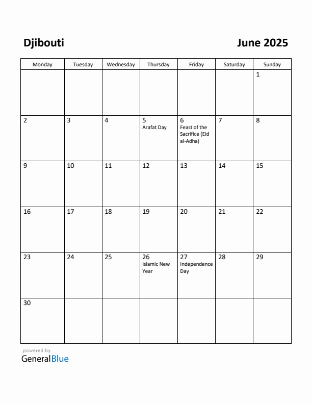June 2025 Calendar with Djibouti Holidays