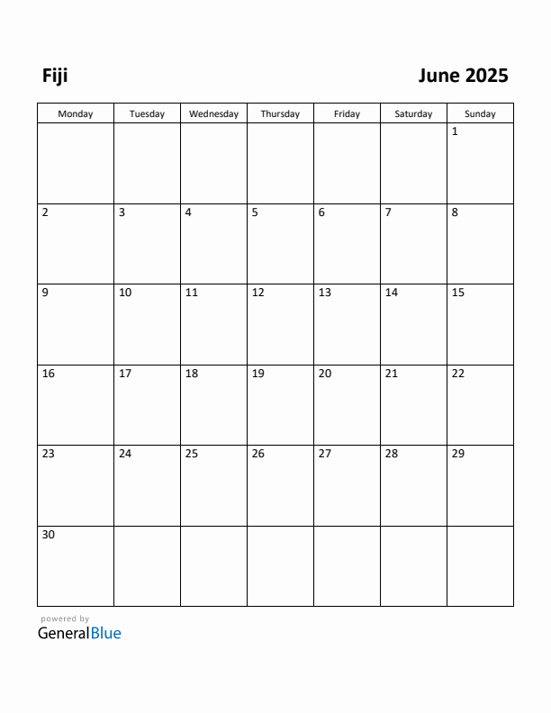 June 2025 Calendar with Fiji Holidays