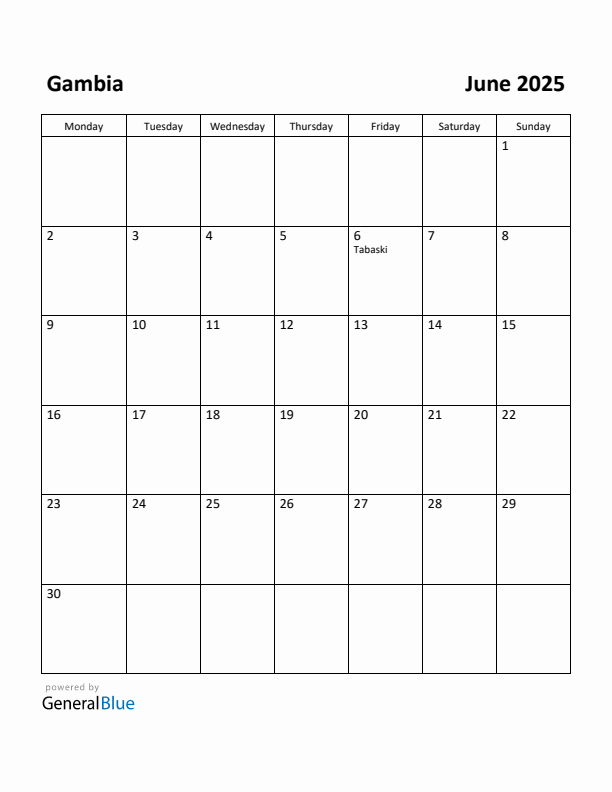 June 2025 Calendar with Gambia Holidays