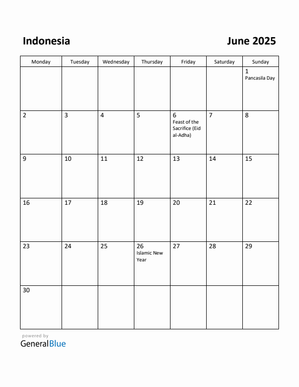 June 2025 Calendar with Indonesia Holidays
