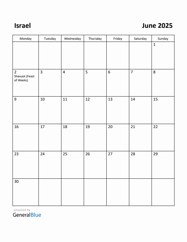 June 2025 Calendar with Israel Holidays