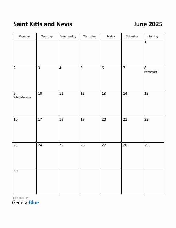 June 2025 Calendar with Saint Kitts and Nevis Holidays