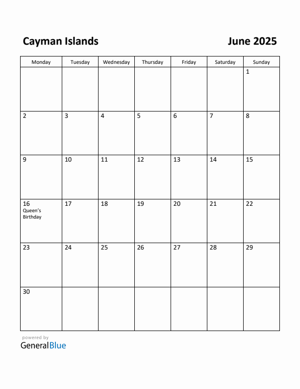 June 2025 Calendar with Cayman Islands Holidays