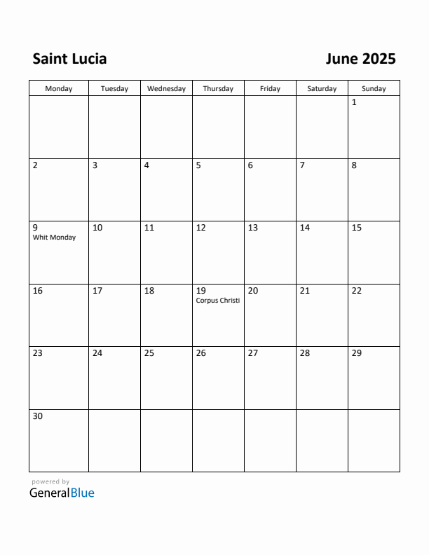 June 2025 Calendar with Saint Lucia Holidays