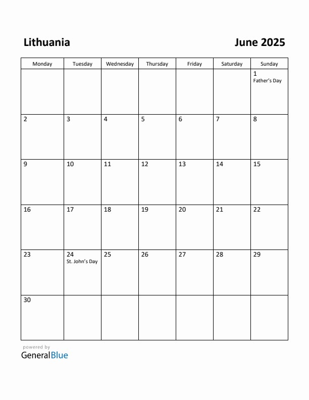 June 2025 Calendar with Lithuania Holidays