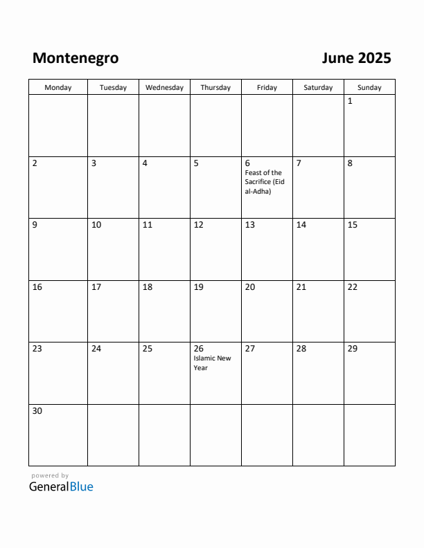 June 2025 Calendar with Montenegro Holidays