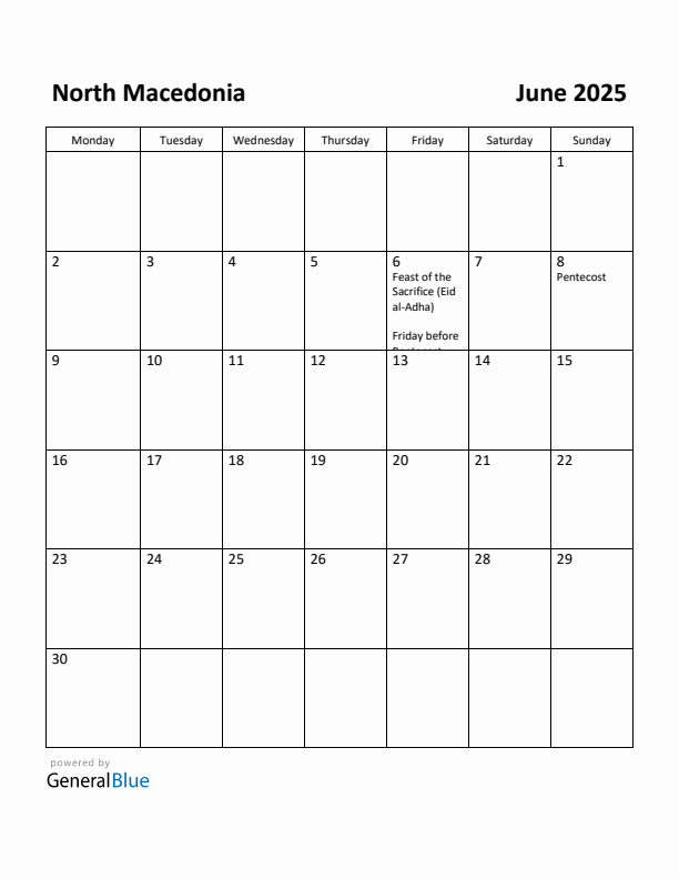 June 2025 Calendar with North Macedonia Holidays