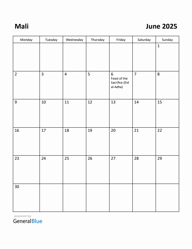 June 2025 Calendar with Mali Holidays