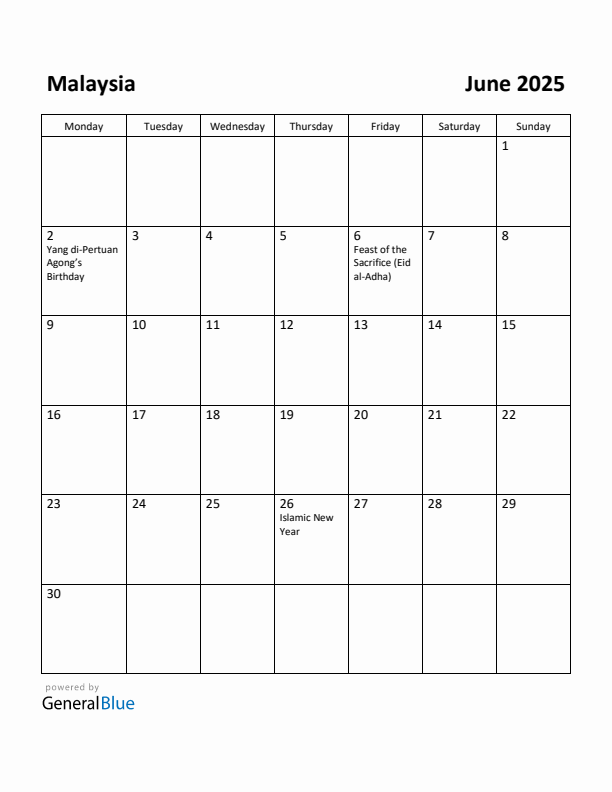 June 2025 Calendar with Malaysia Holidays