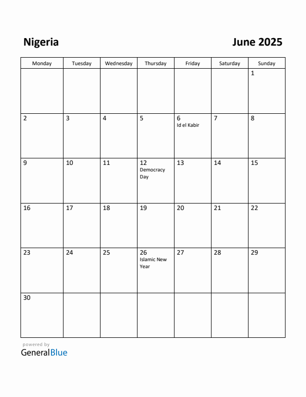 June 2025 Calendar with Nigeria Holidays