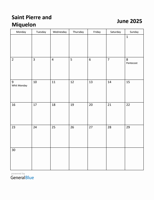 June 2025 Calendar with Saint Pierre and Miquelon Holidays