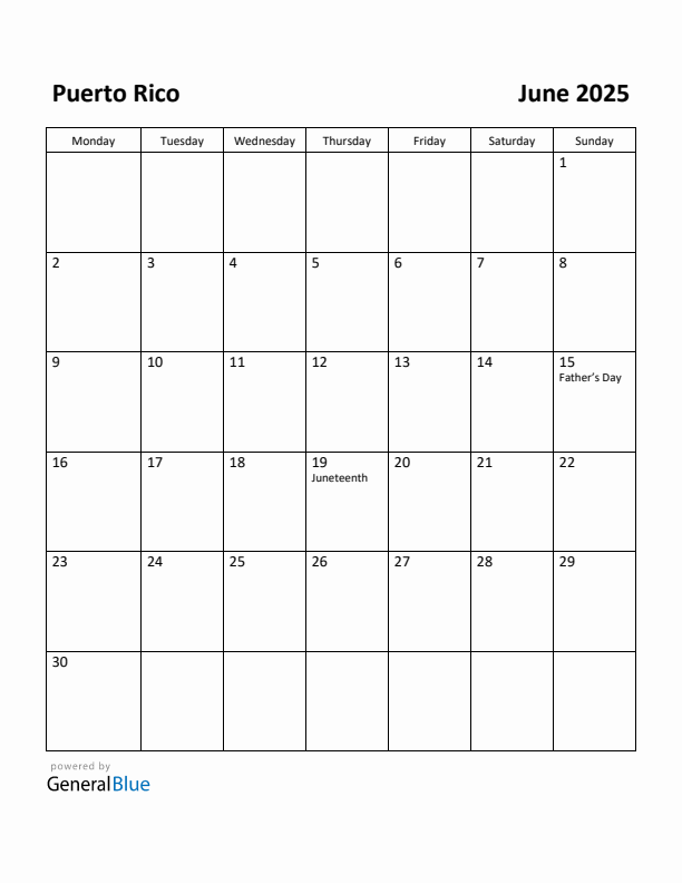 June 2025 Calendar with Puerto Rico Holidays