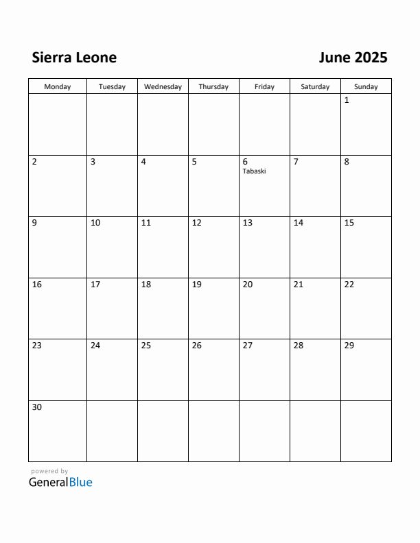 June 2025 Calendar with Sierra Leone Holidays