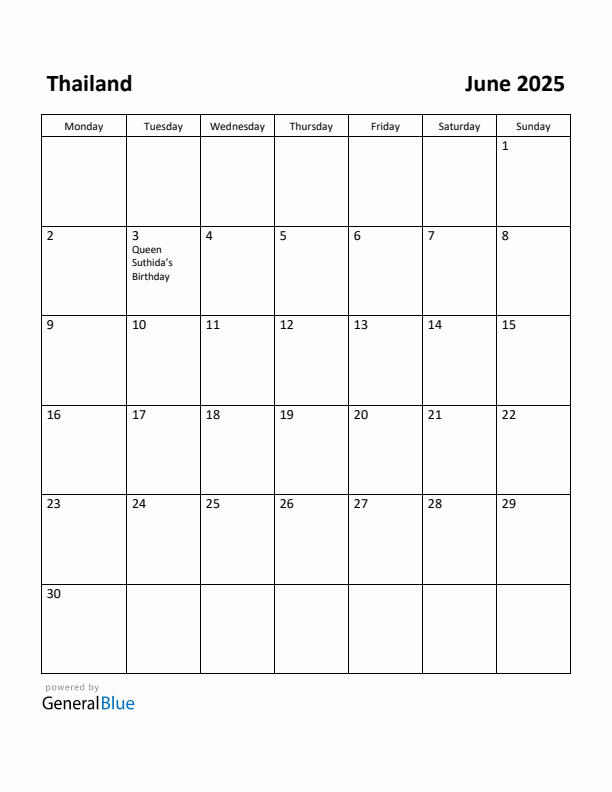 June 2025 Calendar with Thailand Holidays